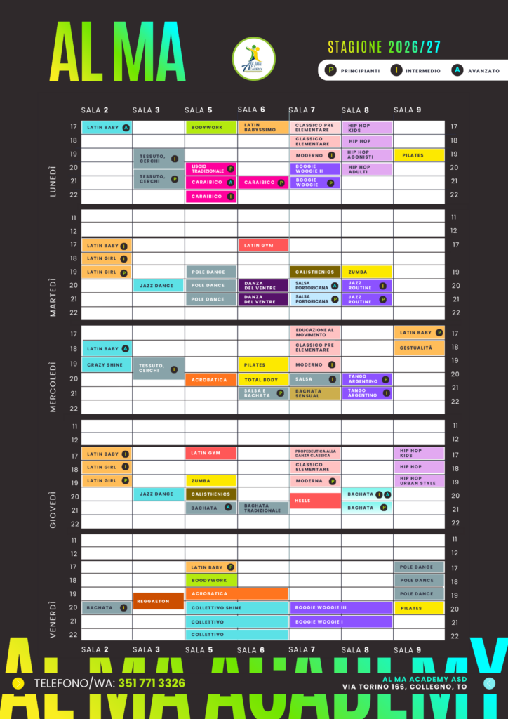 Orario delle classi e corsi AL MA Academy a Collegno, anno accademico 2026/2027